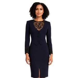 Badgley Mischka Vintage Navy Blue Lace Trim Button Accent Midi Dress